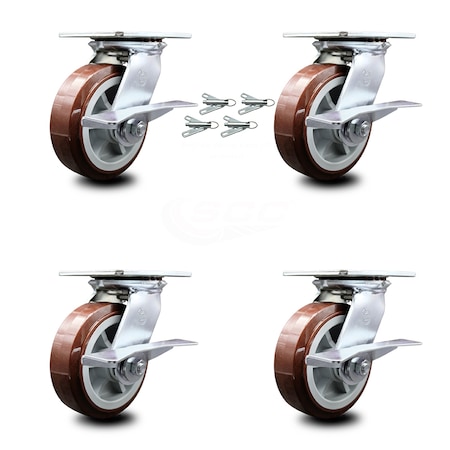Service Caster 6 Inch Polyurethane Caster Set with Ball Bearing and Brakes/Swivel Locks SCC SCC-35S620-PPUB-SLB-BSL-4